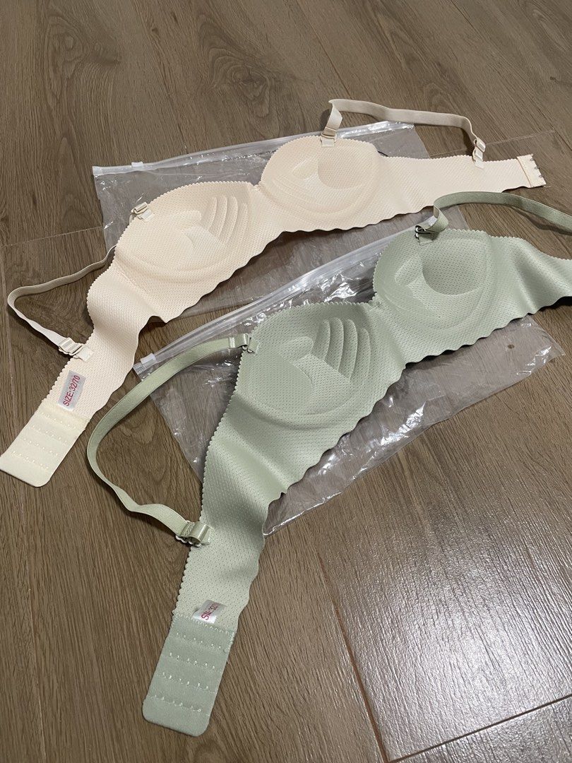 Seamless Breathable Strapless Nonwire Push up Bra Size: 32 (Category: Undergarments & Loungewear) located in Bulacan. Submitted by ladyjagged (Listing ID 1460370494, Image 2). Description: 35 pesos each Bought but never use. Color: Olive green and Cream Size 32B Seamless and wireless.