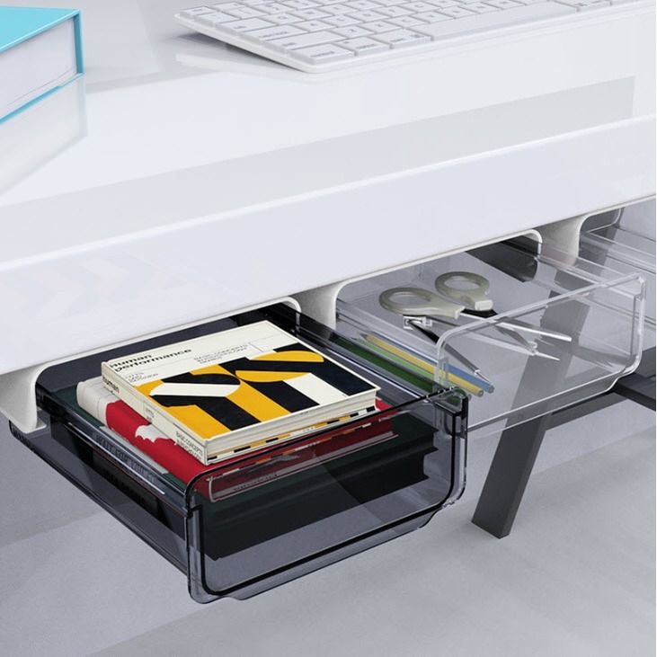 Self Adhesive Under the Desk Drawer Table Storage Box Organizer (Category: Storage Boxes & Baskets) located in Manila. Submitted by classy.home (Listing ID 1460462339, Image 3). Description: Available Color: Transparent Materials: Plastic Size: - Small - 17 * 20 * 7.2cm - Large - 24 * 20 * 7.2 cm Weight: - Small - 347g - Large - 514g.