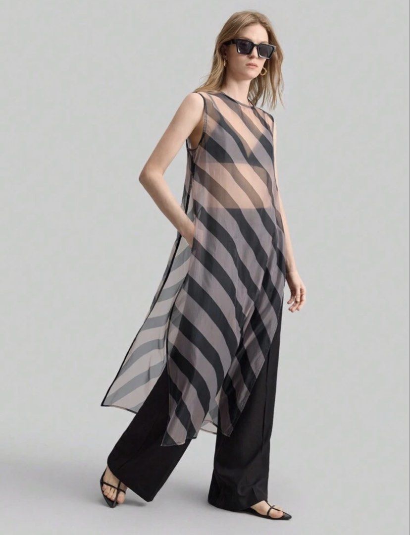 Sheer Brown Striped Sleeveless Tunic Top (Category: Blouses) located in Iloilo. Submitted by dabyladaby2 (Listing ID 1460330101, Image 1). Description: - Sleeveless sheer tunic - Diagonal stripe pattern - Relaxed fit - Side slits for easy layering - Chic and modern design - Versatile for casual or dressed-up looks - bralette not included - bust 37.4 in , length 50.8 in.