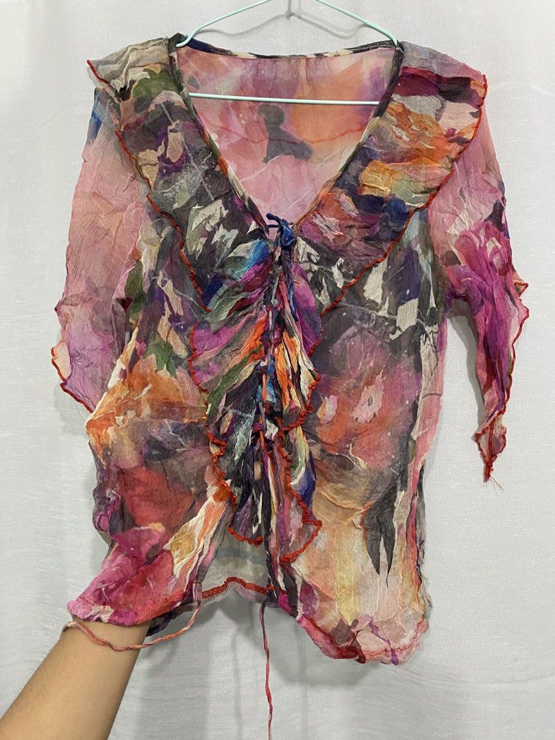 Sheer Floral Ruffle V-Neck Blouse (Category: Blouses) located in Cainta. Submitted by rmavg (Listing ID 1460311763, Image 2). Description: my fav fav fav top! :( mop: gcash mod: jnt/gogo.