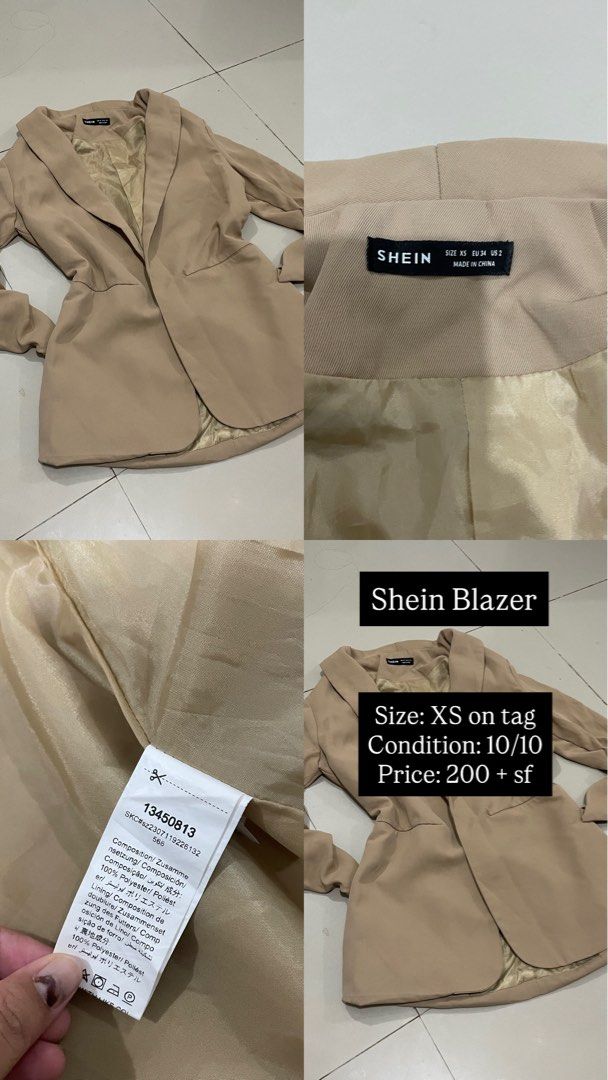 SHEIN Beige Blazer XS (Category: Coats, Jackets and Outerwear) located in Dinalupihan. Submitted by maple.apparel (Listing ID 1460321762, Image 1). Description: Details on the picture.