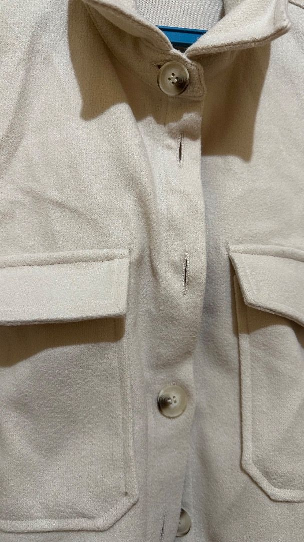 SHEIN Beige Oversized Button-Up Jacket with Pockets (Category: Coats, Jackets and Outerwear) located in Cebu City. Submitted by pasabaicebu (Listing ID 1460373264, Image 2). Description: — Oversized beige jacket — Button-up front — Two chest pockets Brand: SHEIN Size on tag: Small (S) Fits (L) in Women if not oversized Condition: 10/10, never been used & no tag.
