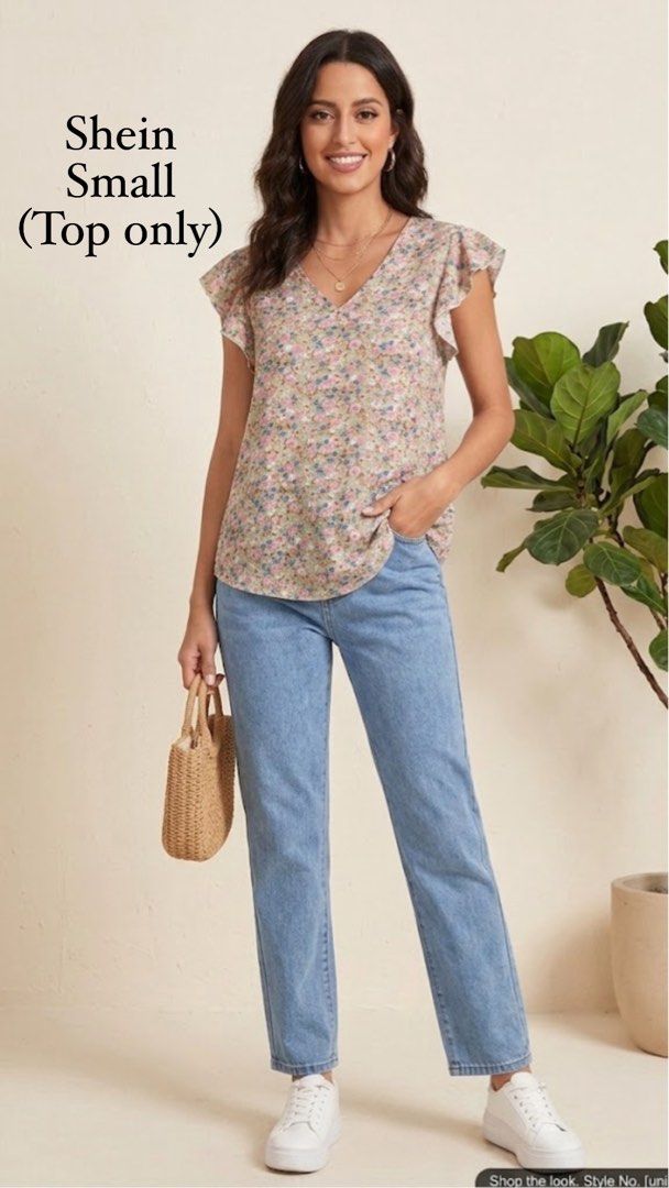 Shein Floral Flutter Sleeve V-Neck Top - Size Small (Category: Blouses) located in Quezon City. Submitted by mommyclutter (Listing ID 1460306134, Image 1). Description: - Cute floral print top from Shein - Features flutter sleeves and V-neckline - Adorable small pink and blue flowers on a light background - Size: Small - Perfect for pairing with jeans - Top only.