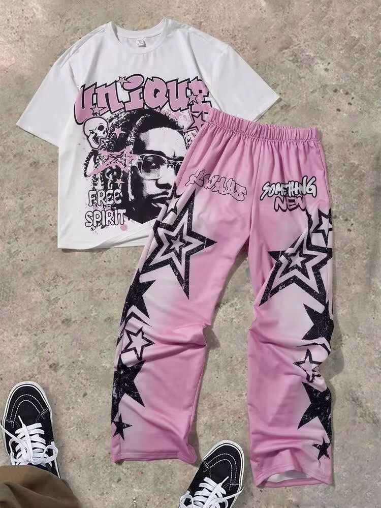 SHEIN Pink Star Print Flare Pants (Category: Jeans) located in Manila. Submitted by dianafayesimbre (Listing ID 1460366988, Image 2). Description: - Pink flare pants with black and white star print - Comfortable elastic waistband - Trendy streetwear style, perfect for casual outfits - Brand: SHEIN - Size: Teen 14Y but can fit small to large womens adult - Garterized waistline - Fits size 25-32 inches waistline - Length 40 inches.