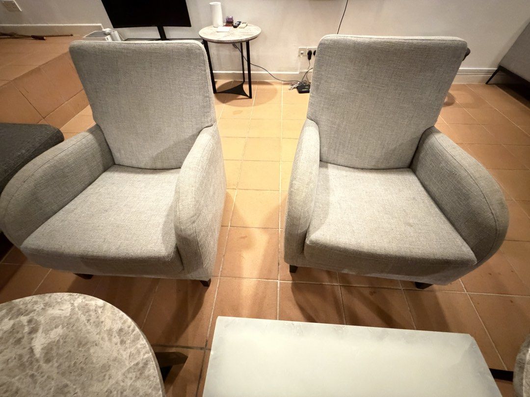 Sofas & Tables (Category: Sofas) located in Singapore. Submitted by chiafits.co (Listing ID 1460438941, Image 3). Description: Each pc of furniture - $50 3 Single Seater Sofas avail 2 Small Round Tables 1 bedside table * take everything for $200.