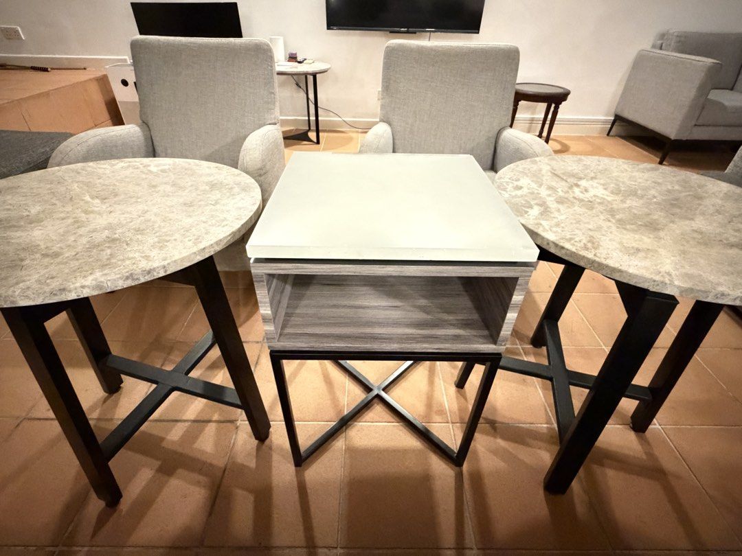 Sofas & Tables (Category: Sofas) located in Singapore. Submitted by chiafits.co (Listing ID 1460438941, Image 2). Description: Each pc of furniture - $50 3 Single Seater Sofas avail 2 Small Round Tables 1 bedside table * take everything for $200.
