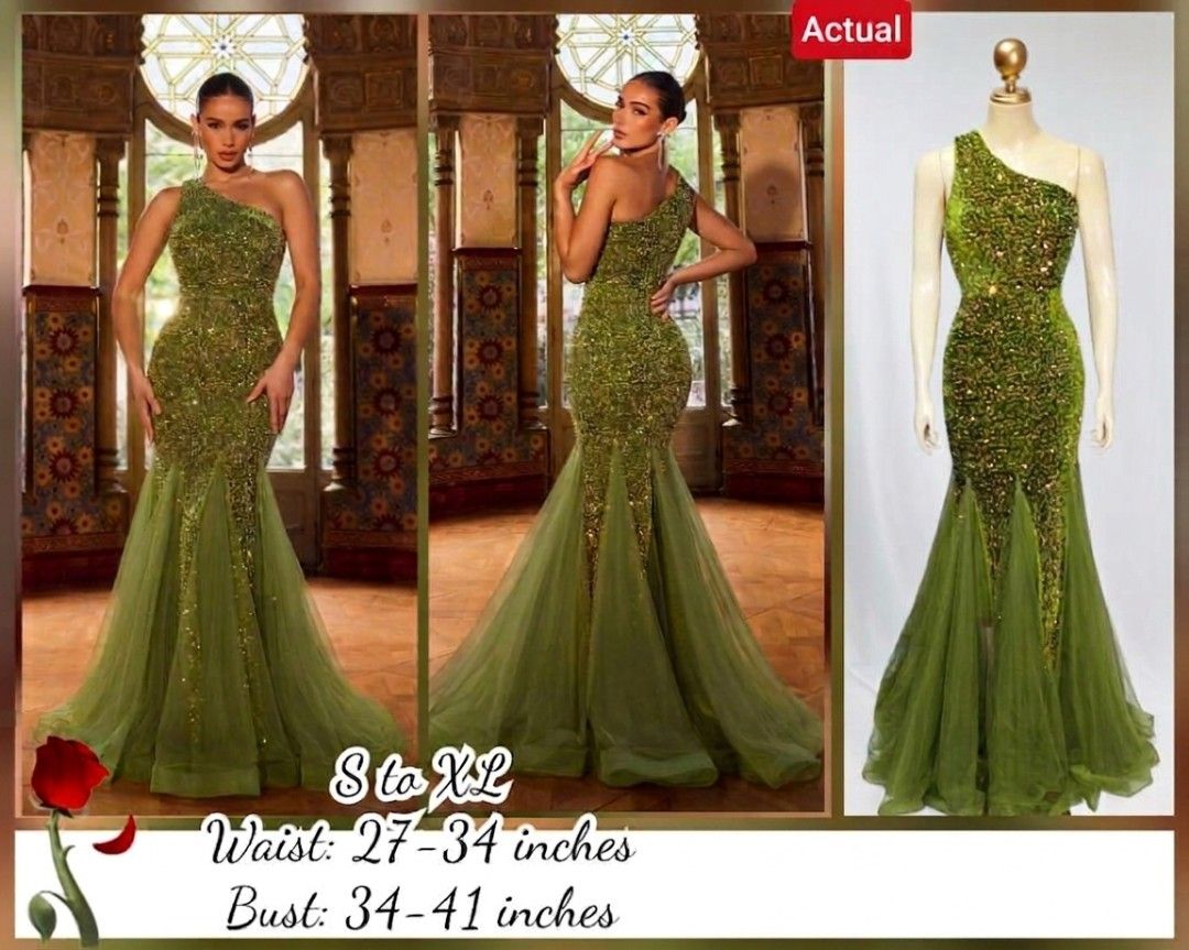 Green Gown (Category: Evening dresses & gowns) located in Quezon City. Submitted by ccosgen (Listing ID 1460449832, Image 1). Description: - Beautiful olive green mermaid gown - Elegant one-shoulder design - All-over sparkle and sequins for a dazzling look - Flowy tulle train for added drama - Fits waist sizes 27-34 inches - Fits bust sizes 34-41 inches - Ideal for formal events, parties, and special occasions 📌 Condition: Brandnew 💰 Price: ₱1,