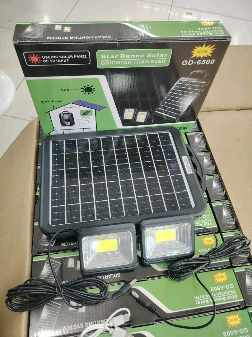 Star Dance Solar GD-6500 Solar Lighting System with Panel (Category: Lighting) located in Manila. Submitted by marvieobordo (Listing ID 1460444762, Image 1). Description: - Star Dance Solar GD-6500 Lighting System - Solar powered with DC 5V input option - Comes with 2 bright LED lights - Includes solar panel and cables - Ideal for outdoor lighting solutions.