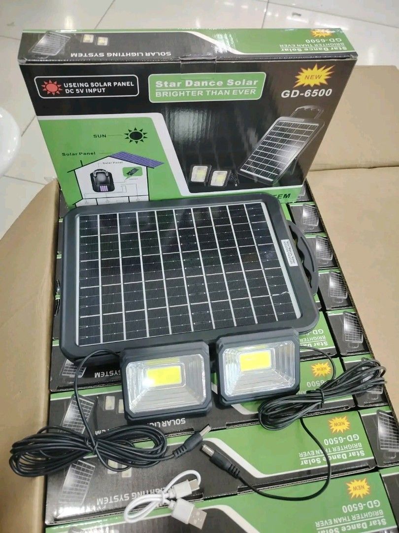 Star Dance Solar GD-6500 Solar Lighting System with Panel (Category: Lighting) located in Manila. Submitted by marvieobordo (Listing ID 1460444762, Image 2). Description: - Star Dance Solar GD-6500 Lighting System - Solar powered with DC 5V input option - Comes with 2 bright LED lights - Includes solar panel and cables - Ideal for outdoor lighting solutions.