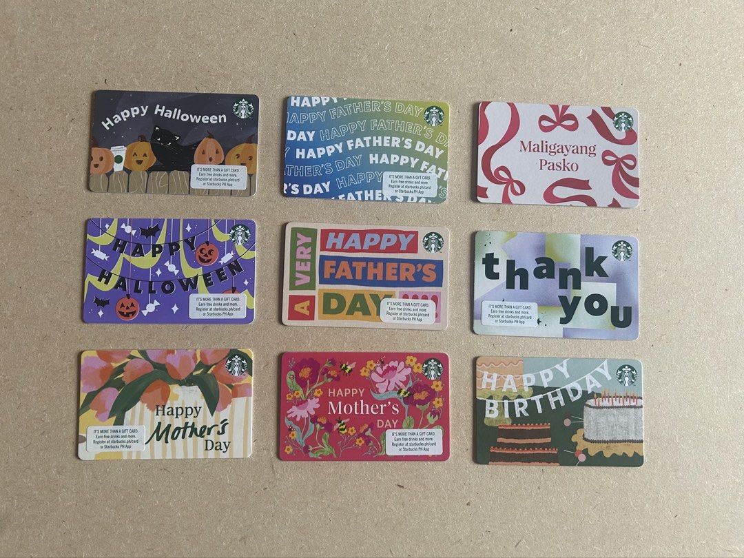 Starbucks Greeting Cards (Category: Stamps & Prints) located in Binan City. Submitted by impulsebuyer12 (Listing ID 1460398719, Image 1). Description: Cards for different occasions Unregistered, PIN Intact, Reloadable For SB Philippines use only Php 100 each.