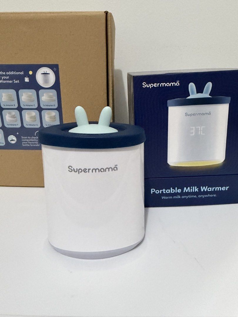 Supermama lab portable milk warmer with adaptors (Category: Breastfeeding & Bottle Feeding) located in Makati City. Submitted by alyannalove_closet (Listing ID 1460415867, Image 1). Description: Barely used. All adaptors included. Loc: Las Pinas/Makati.