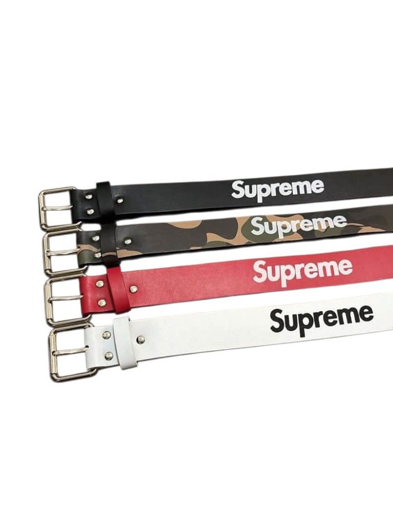 Supreme belts (Category: Activewear) located in San Marcelino. Submitted by ali_thriftzz (Listing ID 1460314969, Image 1). Description: SUPREME BELTS — PRE ORDER 🔥 Available colors: Black, Camo, Red, White Premium leather-style belt with Supreme logo 800 each.