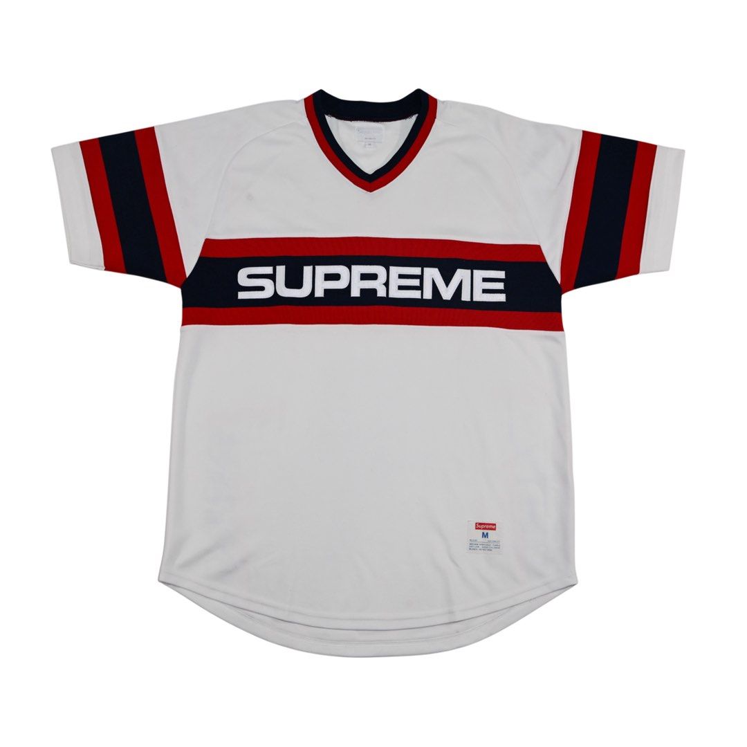 Supreme Retro Chicago White Sox Baseball Jersey (Category: Tshirts & Polo Shirts ) located in Quezon City. Submitted by jwinprince (Listing ID 1460502413, Image 1). Description: Supreme Retro Chicago White Sox Baseball Jersey Size: M Length: 28.5 Width: 21 Visible stain within the “SUPREME” front text, including dye transfer and a small stain spot. A retro baseball inspired Supreme jersey blending classic Chicago sports aesthetics with mid 2000s 