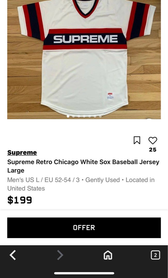 Supreme Retro Chicago White Sox Baseball Jersey (Category: Tshirts & Polo Shirts ) located in Quezon City. Submitted by jwinprince (Listing ID 1460502413, Image 2). Description: Supreme Retro Chicago White Sox Baseball Jersey Size: M Length: 28.5 Width: 21 Visible stain within the “SUPREME” front text, including dye transfer and a small stain spot. A retro baseball inspired Supreme jersey blending classic Chicago sports aesthetics with mid 2000s 
