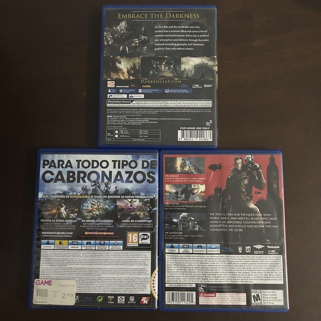 Take All: Dark Souls 3, Battleborn, Wolfenstein (Category: PlayStation) located in Quezon City. Submitted by argamenest (Listing ID 1460468250, Image 2). Description: Take All Only 1.5K Fix/Lp - tested and working - no scratches For meet-up places: - SM Fairview - Fairview Center Mall - Rolex Place For Deliveries: - Lalamove / LBC / JNT 📍 Fairview QC ✅ Check seller’s rating for peace of mind :> Carousell Shop: @argamenest.