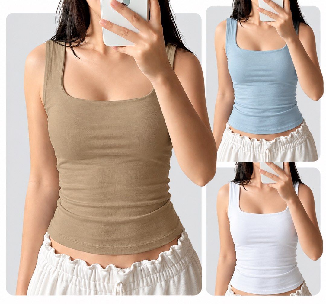 Tank Top Double Lining (Mocha - Blue - White) (Category: Others Tops) located in Manila. Submitted by fheiiyou (Listing ID 1460481495, Image 1). Description: Free size. Stretchable. ₱20 each ₱50 take all.