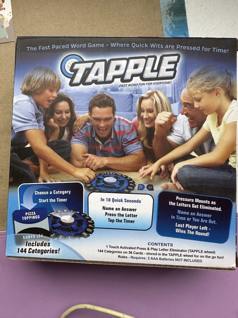 Tapple Fast Word Fun Board Game (Category: Board Games & Puzzles) located in Caloocan City. Submitted by xenasales (Listing ID 1460306373, Image 2). Description: - Fast-paced word game for everyone - Choose a category and start the timer - Name an answer by pressing the letter - Letters get eliminated as the game progresses - Last player left wins! - Includes 144 exciting categories - Requires 2 AAA batteries (not included) - Fun for ages 8 and u