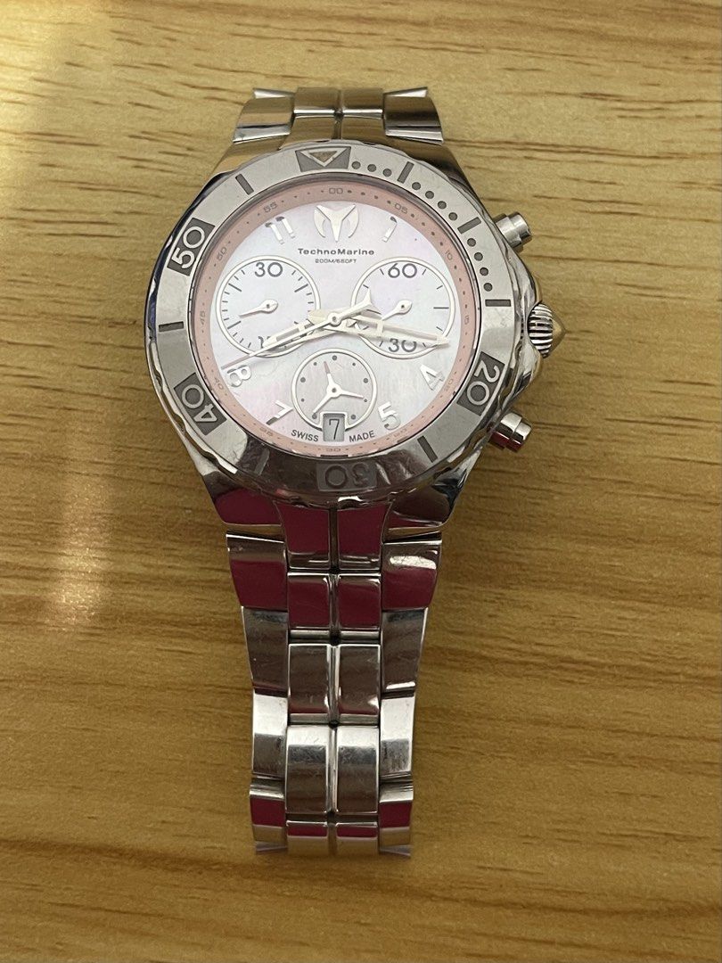 TechnoMarine Sea Pearl Chronograph (Category: Women's Watches) located in Manila. Submitted by alldayshoppinggirl (Listing ID 1460340923, Image 1). Description: 💯 Original TechnoMarine Sea Pearl Chronograph watch featuring a pink dial and a polished stainless steel bracelet Dial: light pink mother-of-pearl dial decorated with three distinct sub-dials (chronograph functions) and silver-toned luminous hands Case Diameter: Approximately 34 mm (a st