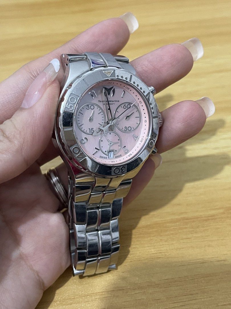 TechnoMarine Sea Pearl Chronograph (Category: Women's Watches) located in Manila. Submitted by alldayshoppinggirl (Listing ID 1460340923, Image 3). Description: 💯 Original TechnoMarine Sea Pearl Chronograph watch featuring a pink dial and a polished stainless steel bracelet Dial: light pink mother-of-pearl dial decorated with three distinct sub-dials (chronograph functions) and silver-toned luminous hands Case Diameter: Approximately 34 mm (a st