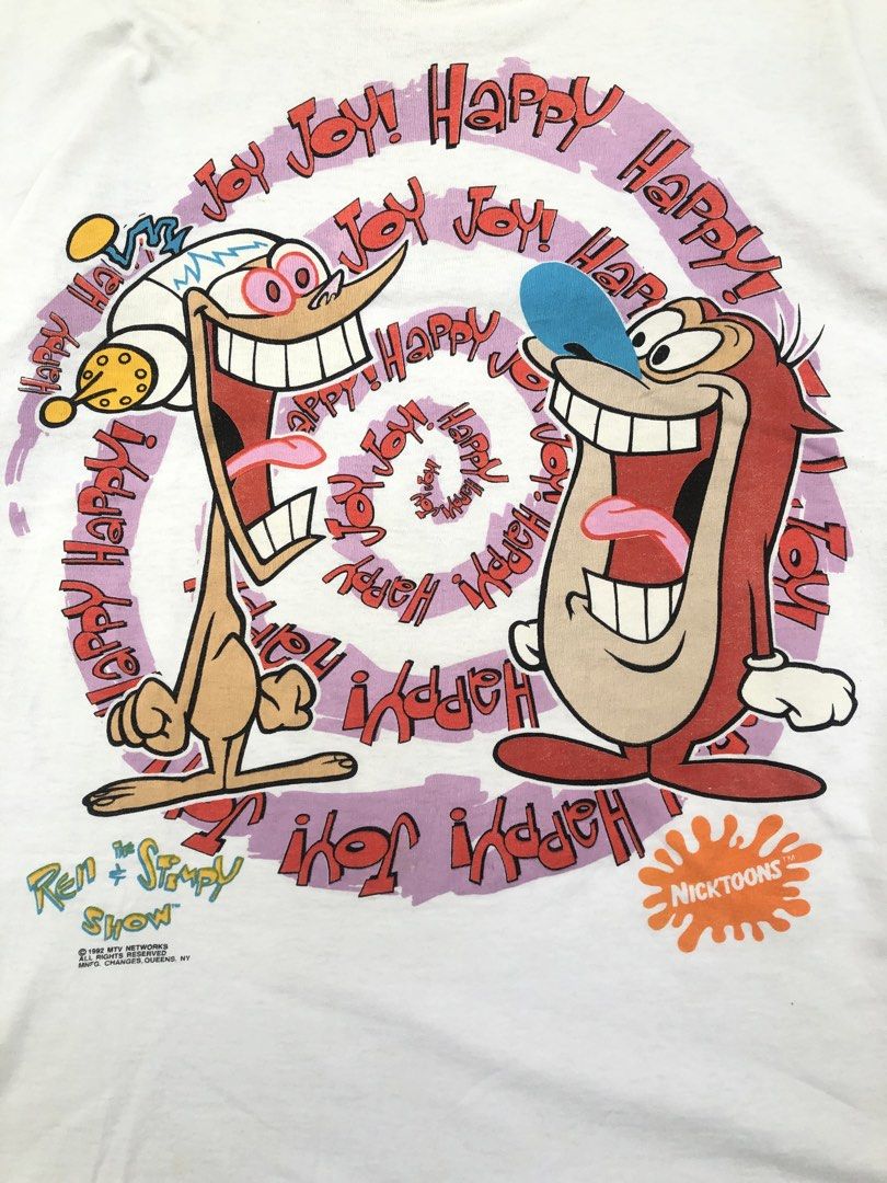 The Ren & Stimpy (Category: Formal Shirts) located in Manila. Submitted by thrift_neo (Listing ID 1460495124, Image 2). Description: Ren And Stimpy from The Ren & Stimpy Show Surrounded by “Happy Happy Joy Joy” size L on tag dimes 22x28 issue: minimal bacon neck,fraying neck,multi holes, need wash DM TO PURCHASE📩.