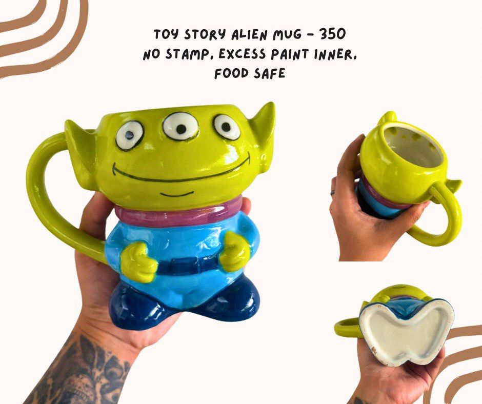 Toy Story Alien Big Mug (Category: Coffee & Tea Tableware) located in Pasig City. Submitted by homeyvibesph (Listing ID 1460383256, Image 1). Description: No stamp Excess paint inner under glaze Food safe.