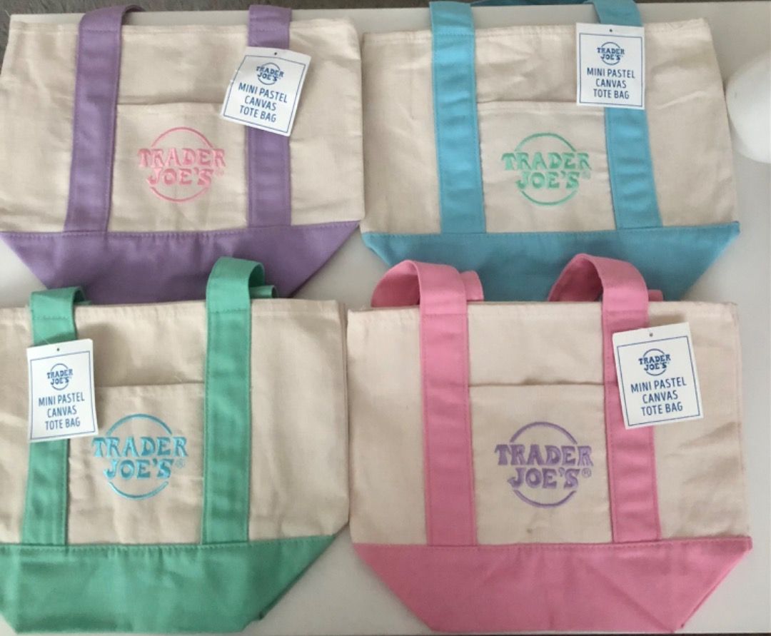 Trader Joe's Mini Pastel Canvas Tote Bag (Category: Tote Bags) located in Manila. Submitted by iamhappygirl14 (Listing ID 1460335547, Image 1). Description: - Adorable Trader Joe's mini canvas tote bags - Available in pastel colors: purple, blue, mint green, and pink - Ideal for storing small items - Makes a cute accessory - Perfect for collectors!.