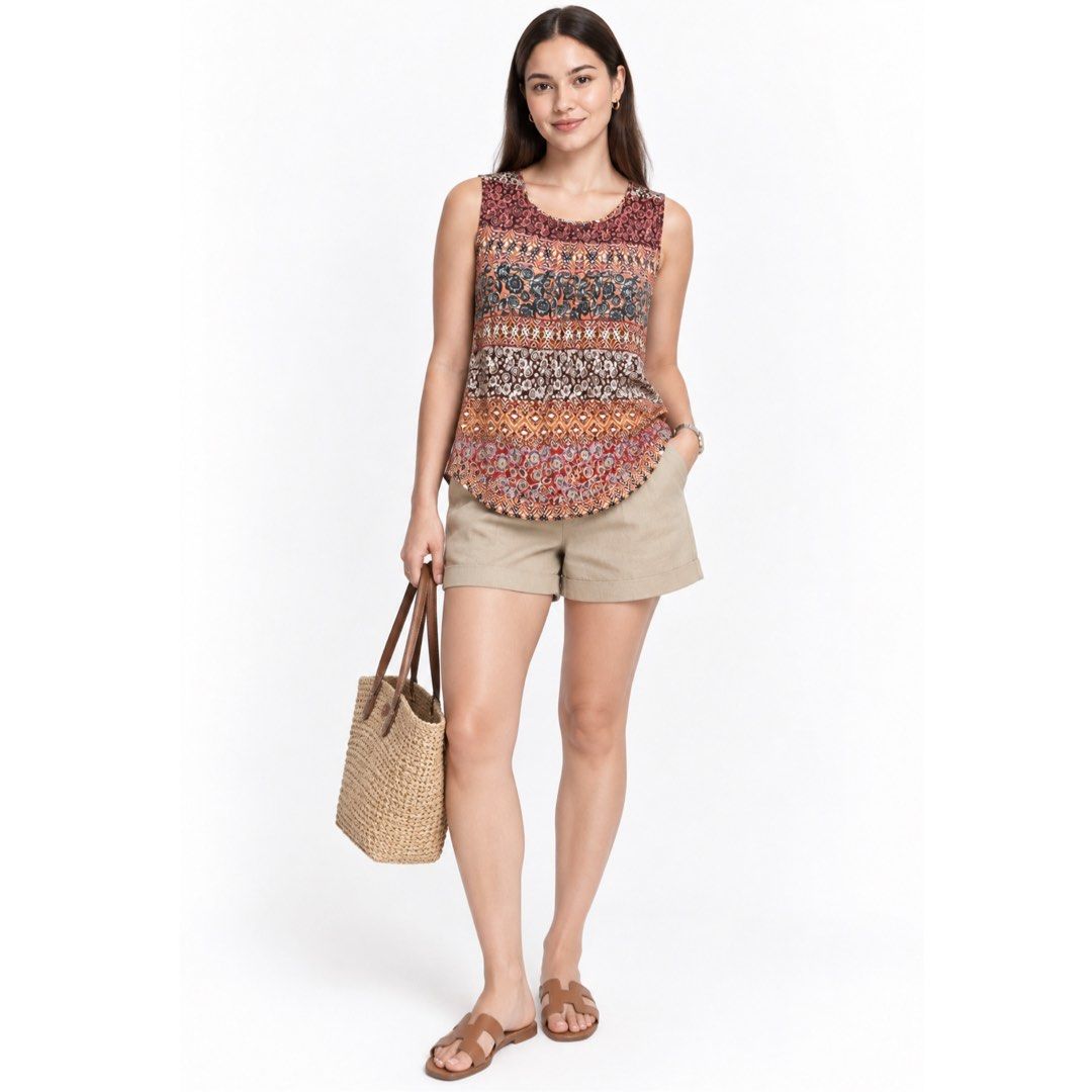 Tu UK 100% Viscose Patchwork Boho Print Sleeveless Top | S-M (Category: Sleeveless) located in San Jose del Monte. Submitted by vanessabarredo (Listing ID 1460438832, Image 2). Description: Pretty Tu sleeveless blouse in a warm mixed bohemian/patchwork floral print. Made from 100% viscose, giving it a lightweight, soft and flowy feel. Features a round neckline with subtle gathered detailing at the front. Condition: GOOD Please expect normal signs