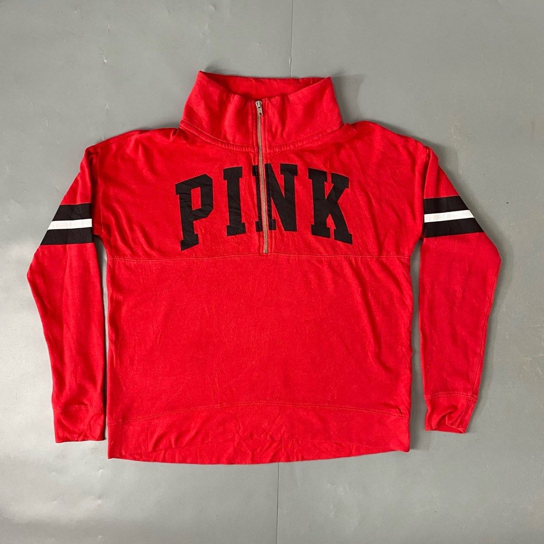 PINK ✨ | Red Quarter-Zip Pullover Sweatshirt (Category: Coats, Jackets and Outerwear) located in Bulacan. Submitted by orc.ph (Listing ID 1460443175, Image 1). Description: UNTAG ✨ | Red Quarter-Zip Pullover Sweatshirt Material Used: 100% Polyester -Red -Casual Wear -Streetwear -Quarter-Zip Enclosure -"PINK" Block Lettering Spellout -Ribbed Cuffs And Hem -High Neck Mock Collar -Dropped-Shoulder Silhouette ‎-Size: L -Width: 22 ‎-Length: 24 ‎ ‎Pris