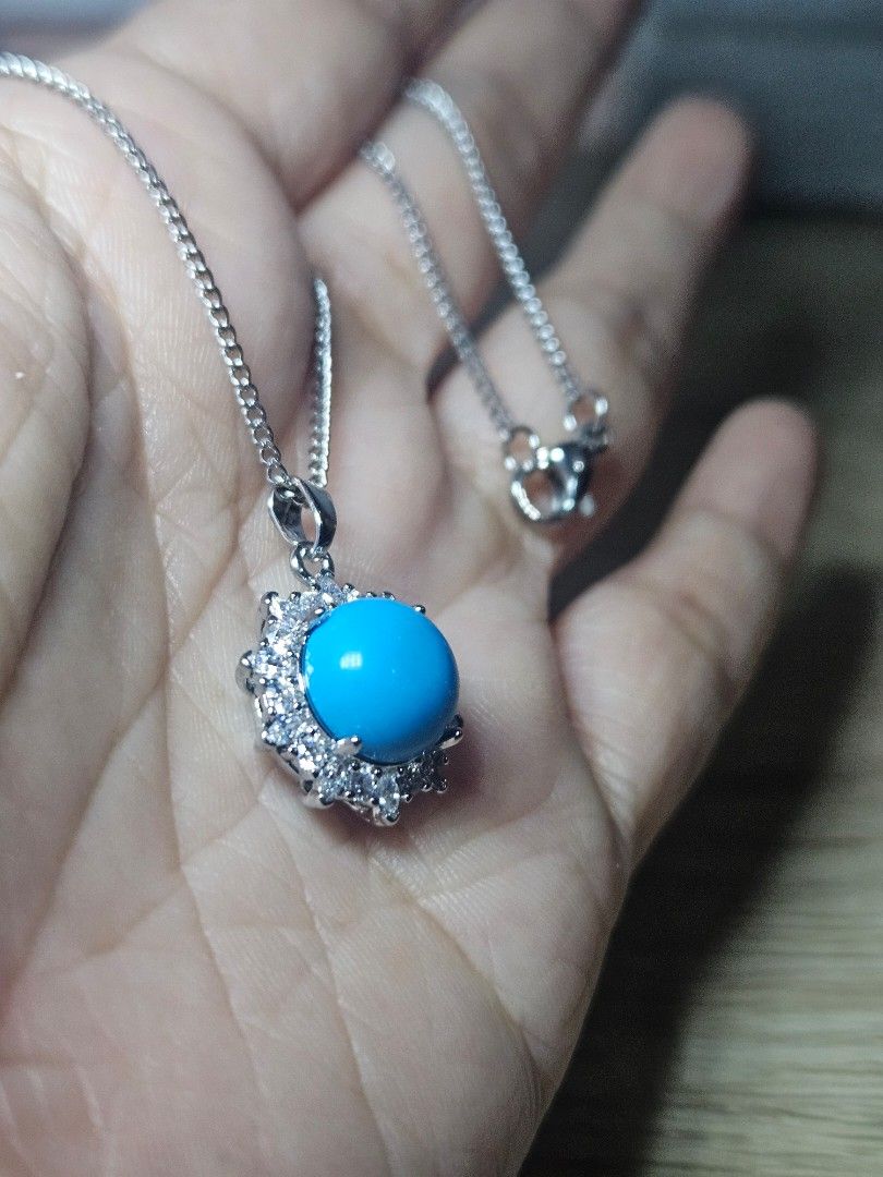 US Turquoise Stone Simple Style Necklace (Category: Necklaces) located in Cainta. Submitted by Kahi0410 (Listing ID 1460468955, Image 2). Description: Natural Stone Platinum filled setting Titanium Steel 19 inch chain Hypoallergenic Safe for acidic, sensitive skin.