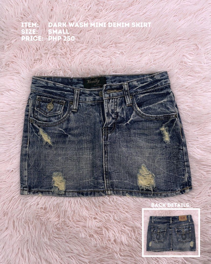 Vanity Dark Wash Mini Denim Skirt - Size Small (Category: Skirts) located in Batangas. Submitted by shop.aalley (Listing ID 1460334983, Image 1). Description: - Cute dark wash denim mini skirt - Brand: Vanity - Features distressed and ripped accents - Perfect for a casual, edgy look - Size: Small - Price: PHP 250 - Check back details in photos!.