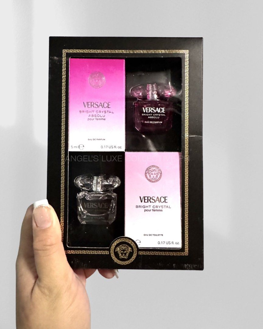 Versace Bright Crystal Absolu & Eau de Toilette Gift Set (Category: Fragrance & Deodorants) located in Pasig City. Submitted by lykaloves (Listing ID 1460306396, Image 1). Description: - Versace Bright Crystal Gift Set - Includes Bright Crystal Absolu Eau de Parfum (5ml) - Includes Bright Crystal Eau de Toilette (0.17 US fl. oz.) - Ideal for sampling both fragrances - Perfect for travel - Comes in original packaging.