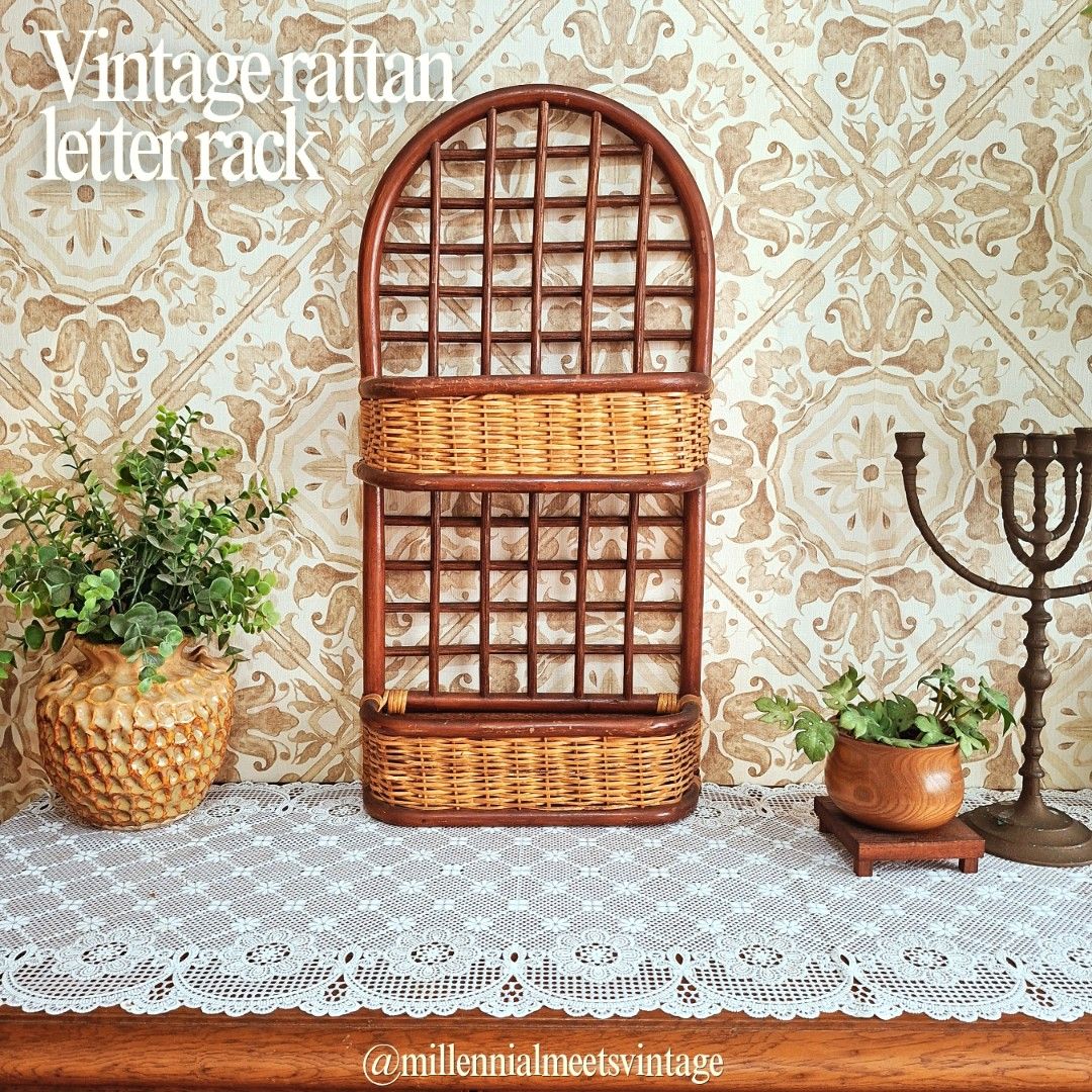 Vintage 2 layer rattan letter rack home decor (Category: Other Home Decor) located in Dasmarinas. Submitted by millennialmeetsvintage (Listing ID 1460414292, Image 1). Description: H 60 x L 30 x W 10 cm last price posted, no haggling 🙅🏻‍♀️ 🌍ships from DASMA, CAVITE 🚚 shipping via Lalamove only ❌no reservations, first-to-pay basis ❌no physical store, no walk-ins ❌no COD transactions.