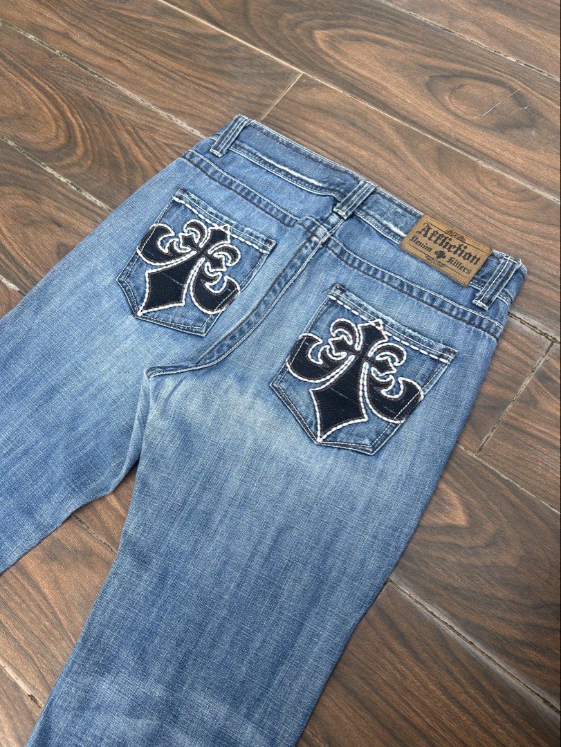 Vintage Affliction Y2K Bootcut Denim Jeans size (Category: Jeans) located in Calamba. Submitted by draynade (Listing ID 1457883880, Image 1). Description: Vintage Affliction y2k Cross embroidered 30-33Width 43Length 9.5hem Tattered design Calamba Laguna .