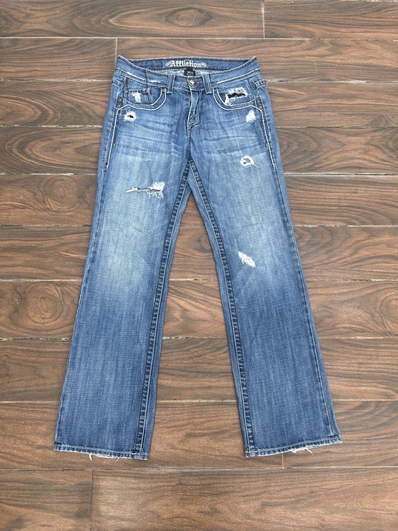 Vintage Affliction Y2K Bootcut Denim Jeans size (Category: Jeans) located in Calamba. Submitted by draynade (Listing ID 1457883880, Image 3). Description: Vintage Affliction y2k Cross embroidered 30-33Width 43Length 9.5hem Tattered design Calamba Laguna .