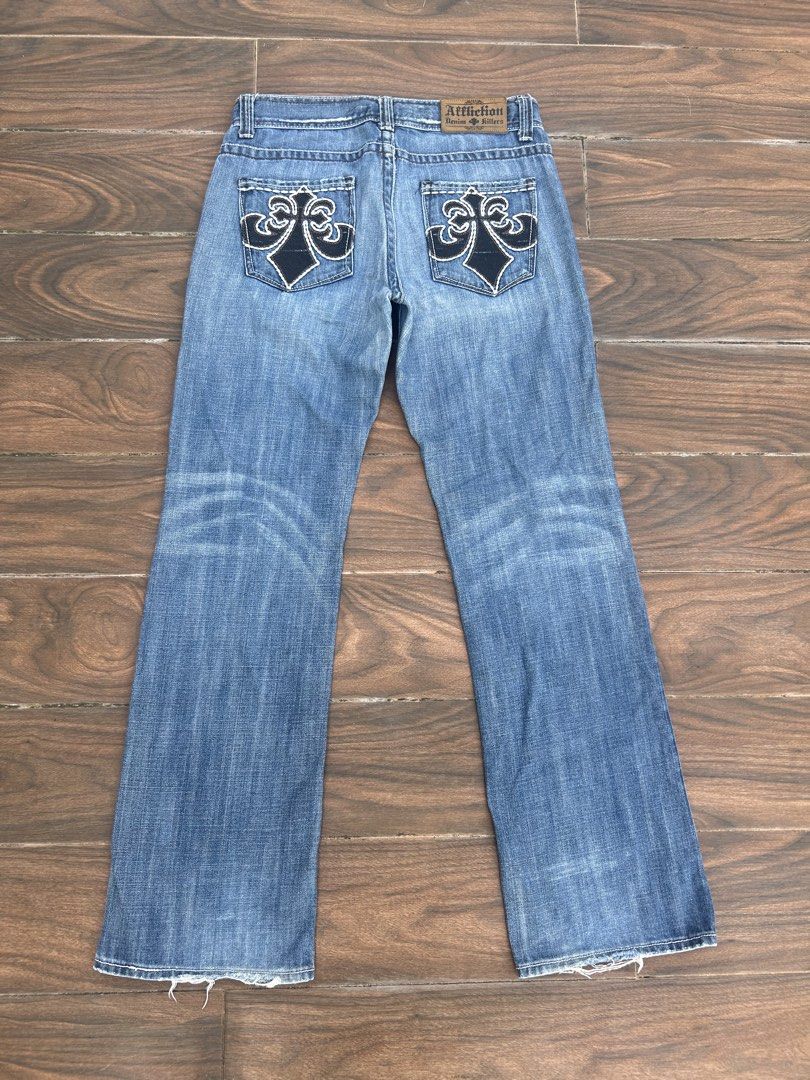 Vintage Affliction Y2K Bootcut Denim Jeans size (Category: Jeans) located in Calamba. Submitted by draynade (Listing ID 1457883880, Image 2). Description: Vintage Affliction y2k Cross embroidered 30-33Width 43Length 9.5hem Tattered design Calamba Laguna .
