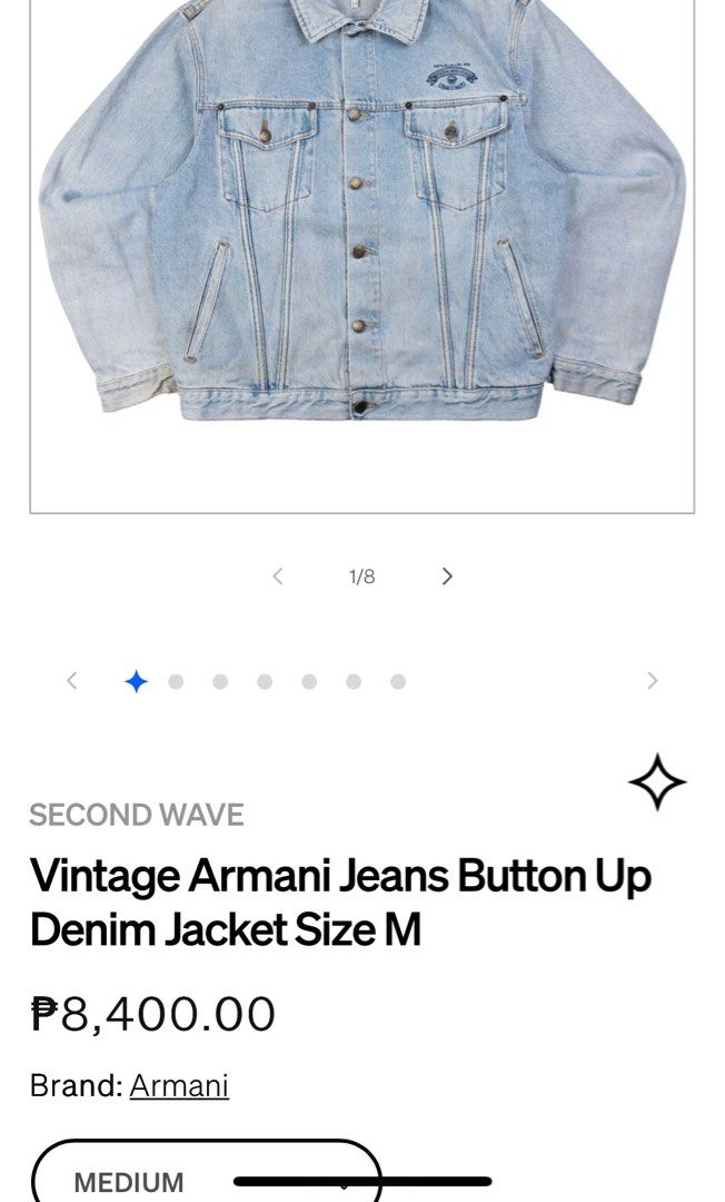 Vintage Armani Jacket Button Up Denim Jacket (Category: Coats, Jackets and Outerwear) located in Quezon City. Submitted by jwinprince (Listing ID 1460501803, Image 3). Description: Vintage Armani Jacket Button Up Denim Size: S Length: 24 Width: 20.5 Small light stain present at the back A refined take on the classic trucker silhouette, reflecting Armani’s understated approach to 1990s denim design..
