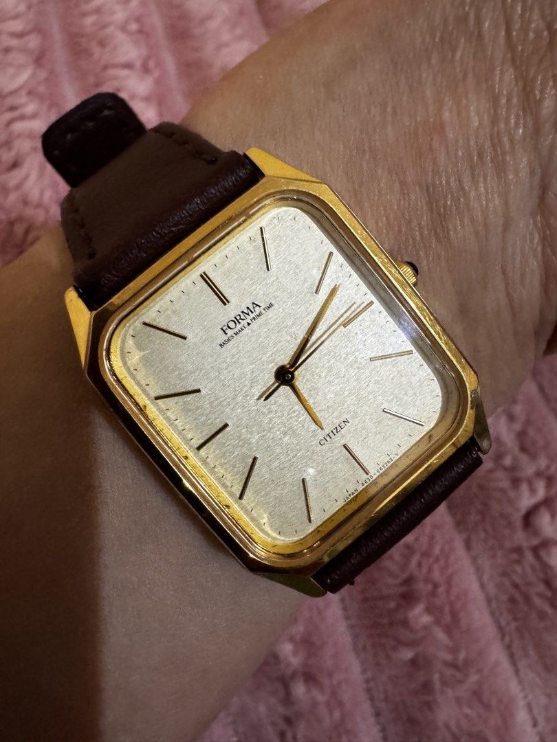 Vintage Citizen Forma (Category: Luxury Watches) located in Quezon City. Submitted by thedaintyhourph (Listing ID 1460456087, Image 1). Description: Vintage Citizen Forma Dress Watch After market strap Good as new ✨ * Brand/line: Citizen FORMA * Reference / case number: 4631-E63018 K * Movement: Citizen 4631 quartz * Style: Gold-tone rectangular/tank-style dress watch * Made in Japan * Original rating: 5 BAR water resistance.