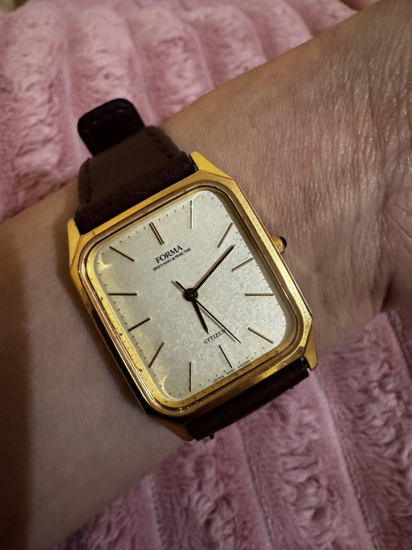 Vintage Citizen Forma (Category: Luxury Watches) located in Quezon City. Submitted by thedaintyhourph (Listing ID 1460456087, Image 2). Description: Vintage Citizen Forma Dress Watch After market strap Good as new ✨ * Brand/line: Citizen FORMA * Reference / case number: 4631-E63018 K * Movement: Citizen 4631 quartz * Style: Gold-tone rectangular/tank-style dress watch * Made in Japan * Original rating: 5 BAR water resistance.