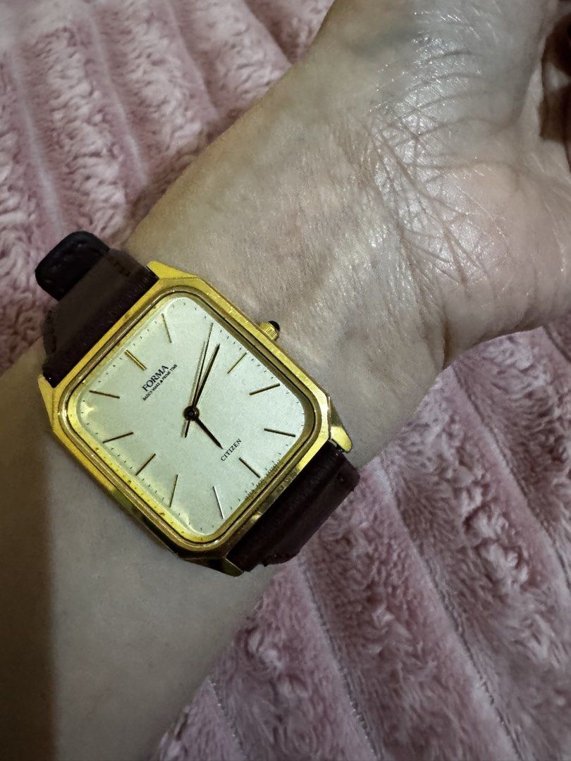 Vintage Citizen Forma (Category: Luxury Watches) located in Quezon City. Submitted by thedaintyhourph (Listing ID 1460456087, Image 3). Description: Vintage Citizen Forma Dress Watch After market strap Good as new ✨ * Brand/line: Citizen FORMA * Reference / case number: 4631-E63018 K * Movement: Citizen 4631 quartz * Style: Gold-tone rectangular/tank-style dress watch * Made in Japan * Original rating: 5 BAR water resistance.