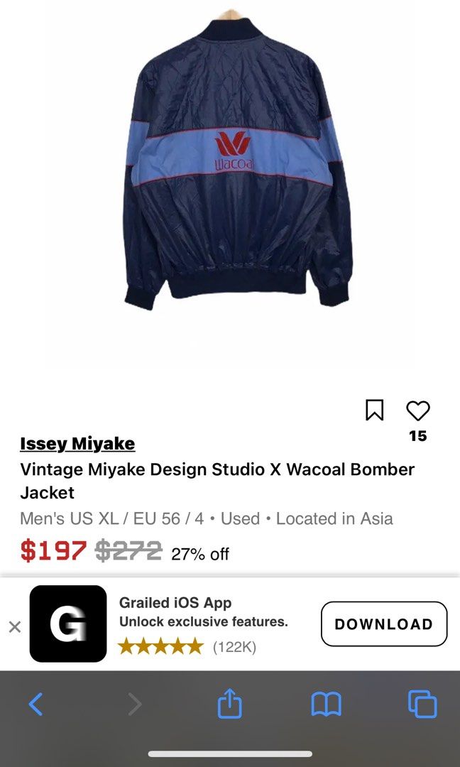 Vintage Miyake Design Studio X Wacoal Bomber Jacket (Category: Coats, Jackets and Outerwear) located in Quezon City. Submitted by jwinprince (Listing ID 1460501604, Image 3). Description: Vintage Miyake Design Studio X Wacoal Bomber Jacket Size: M Length: 26.5 Width: 20 A collaboration piece reflecting the intersection of Miyake Design Studio’s structured minimalism and Wacoal’s branded sportswear identity, typical of late 1980s–1990s Japanese de