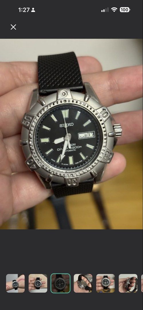 VINTAGE RARE SEIKO WATCH (Category: Men's Watches) located in Mabalacat. Submitted by FGT.DRAFTS (Listing ID 1460355150, Image 3). Description: A Selling a rare and highly collectible vintage Seiko SKX421 Titanium Diver. This model is highly sought after by collectors for its unique lightweight titanium build and rugged, distinct bezel design. Specifications: • Reference: 7S26-0150 • Movement: Seiko 7S26 Automatic (21 Jewels, Day/Date complicatio