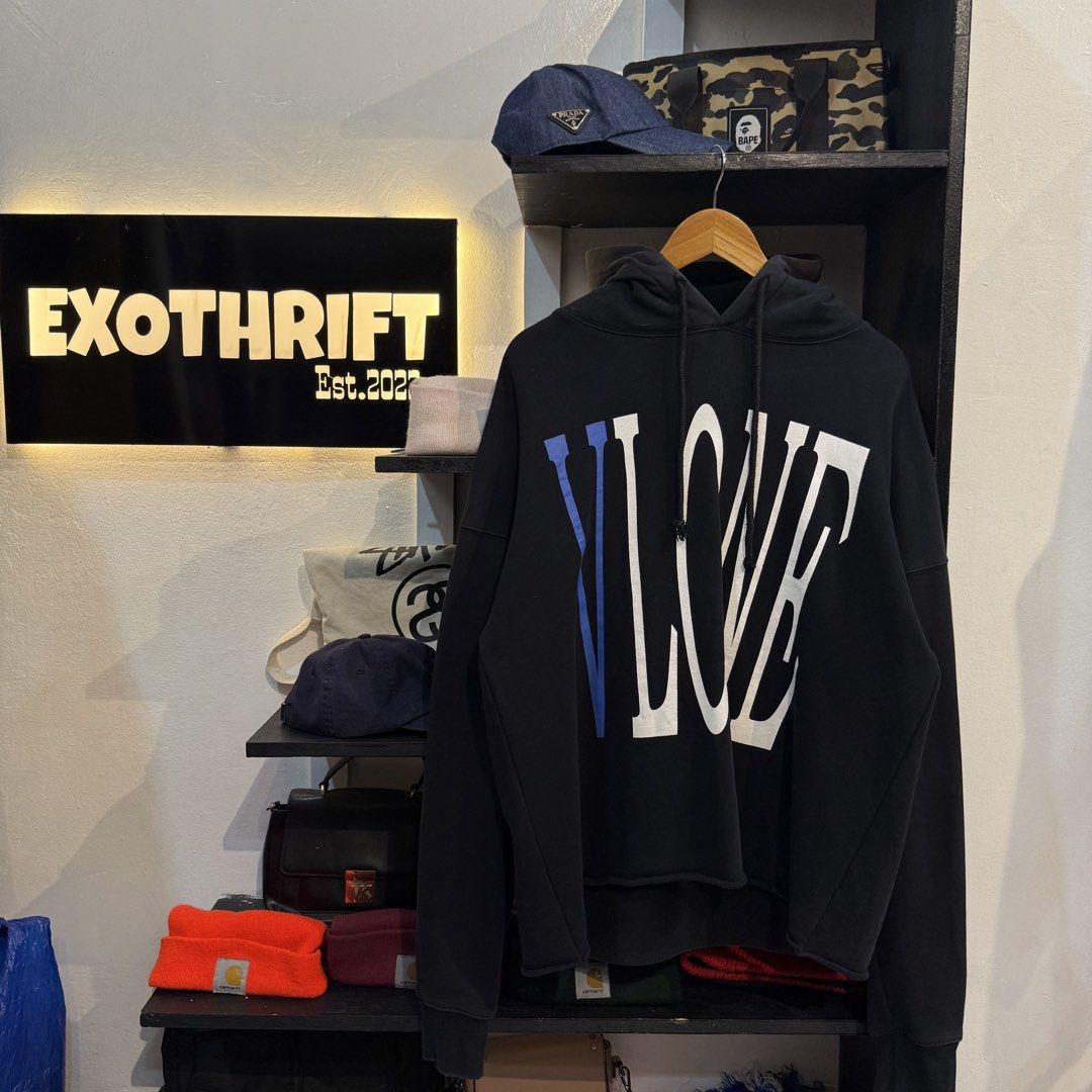 VLONE Black Hoodie (Category: Hoodies) located in Manila. Submitted by carbungcoalex (Listing ID 1460491348, Image 1). Description: VLONE BLACK HOODIE ( blue print) 24 by 27 Good Condition Complete tags 1500 CLAIM.