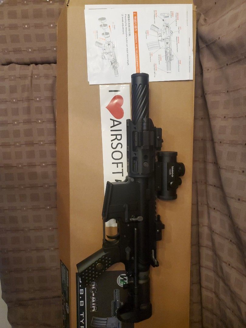 WE R5C-AIR G.B.B Type Airsoft Gun (Category: Action & Battle Toys) located in Marikina City. Submitted by brightlion.8fc40a (Listing ID 1460422069, Image 2). Description: RUSHED SALE! -WE R5C-AIR G.B.B. Airsoft Gun - For Sale collector's item - Gas Blowback (G.B.B.) model - Ideal for airsoft games - Color Black with scope and right dot - Sold as is; please check photos for condition - with pellets and airsoft gas canister *Negotiable!.
