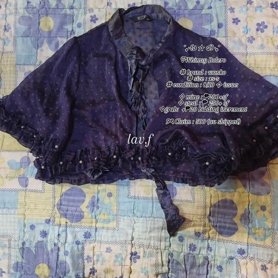 WHIMSY BOLERO (Category: Coats, Jackets and Outerwear) located in Davao. Submitted by lavinia.finds (Listing ID 1460449579, Image 1). Description: ⟡ mine : ₱200+ sf ⟡ steal : ₱ 250 + sf ⟡grab: +₱20 bidding increment ୨ৎ Claim : 500 (au shipped) ♡ 𝑾𝑯𝑰𝑴𝑺𝒀 𝑪𝑶𝑳𝑳𝑬𝑪𝑻𝑰𝑶𝑵 𝟐 ♡ 🧚🏻‍♀️ 𝑬𝑵𝑫 𝑶𝑭 𝑩𝑰𝑫 September 11 [9:00 pm] 💳 𝑴𝑶𝑷 GCash 📦 𝑴𝑶𝑫 J&T Express 📍 𝑳𝒐𝒄𝒂𝒕𝒊𝒐𝒏 Davao City, Davao del Sur ♡ Shipping fee is shouldered by