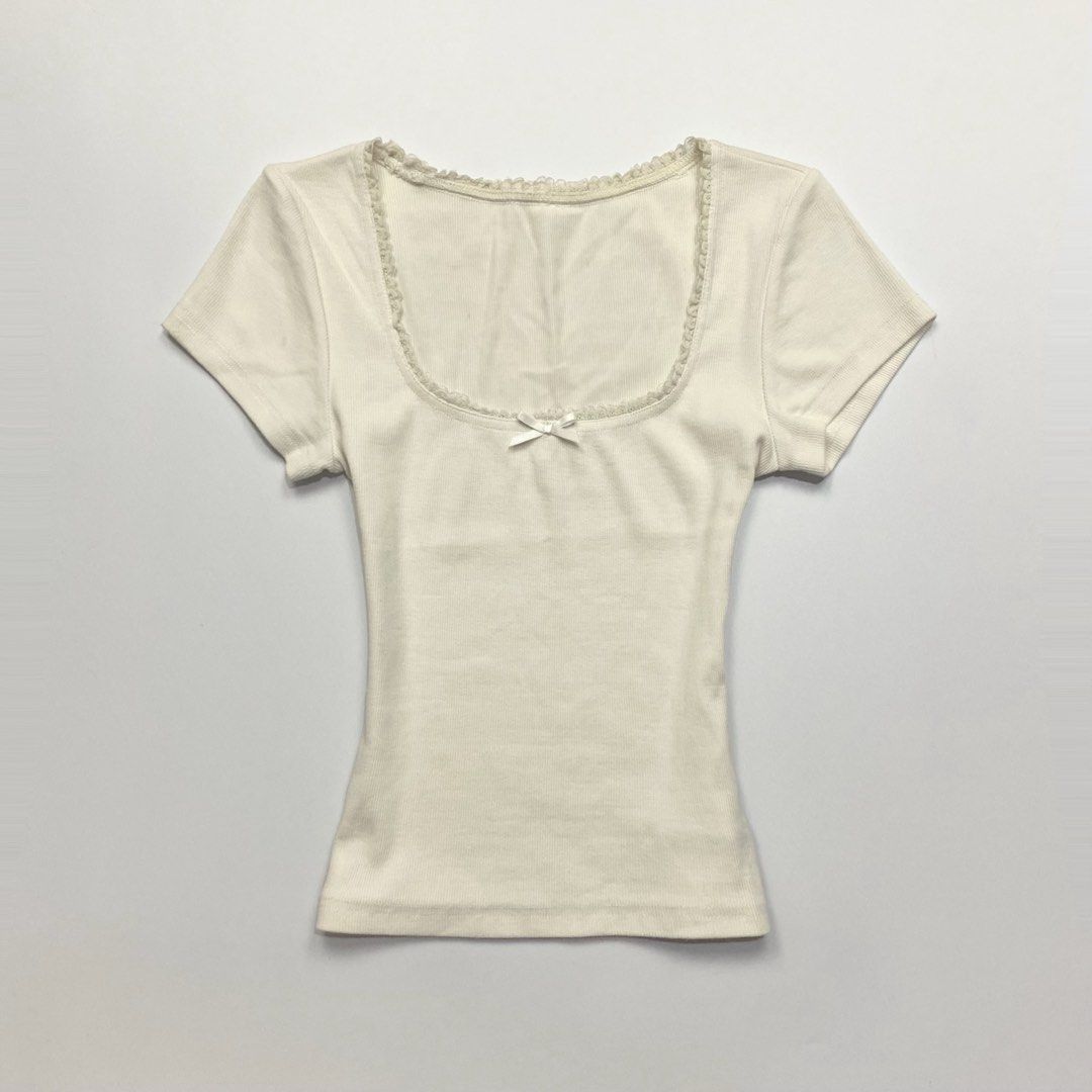 White coquette knitted square neck top // lace bow ribbon basic (Category: Blouses) located in Dagupan City. Submitted by maxi.vint (Listing ID 1460443358, Image 1). Description: Has minimal stain.