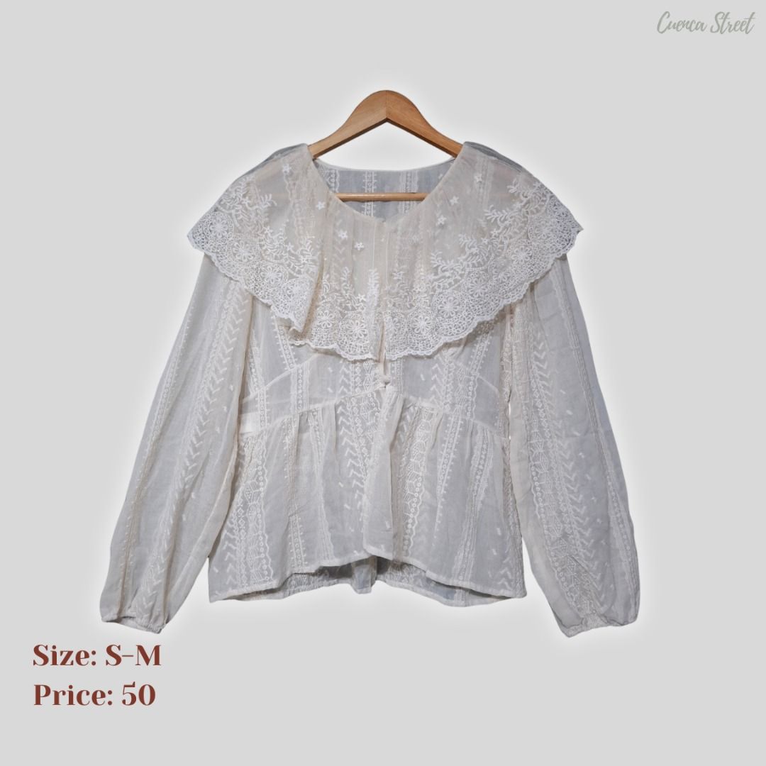 White Lace Collar Peplum Blouse S-M (Category: Blouses) located in Bulacan. Submitted by cuencastreet (Listing ID 1460496377, Image 1). Description: - Size: S-M - Versatile: pairs well with jeans or skirts 📏 Price & Size/measurements are indicated in each photo. ✨ Most items are in good to excellent condition. 📩 Send us a message if you're interested. 💳 Mode of Payment: GCash / Maya / Bank Transfer 📌 All items are available unless marked SOLD