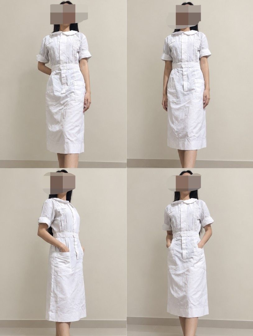 white nursing uniform dress (Category: Medical Supplies & Tools) located in Bulacan. Submitted by angel.decluttersx (Listing ID 1453461676, Image 1). Description: ww provided fits to small-medium size W 32" waistline L 39" no issue zipper is working! with two pockets no issue.