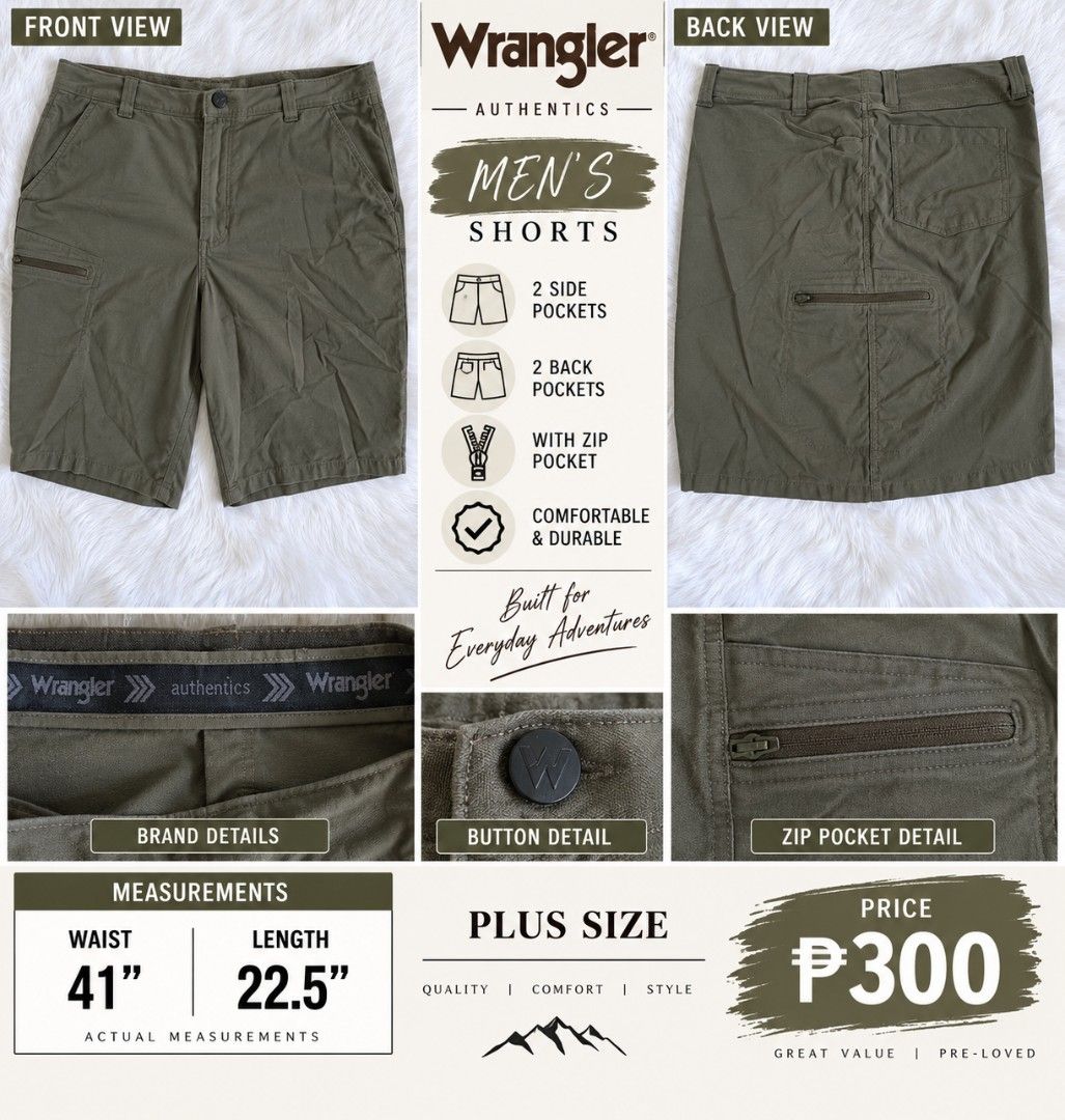 Wrangler Authentics Men's Performance Utility Cargo Shorts Size 41 (Category: Shorts) located in Taguig. Submitted by thebrandedrackph (Listing ID 1460350252, Image 1). Description: These Wrangler Authentics performance shorts are engineered for outdoor versatility and everyday comfort. Crafted from a lightweight, quick-dry synthetic blend, they feature a contemporary olive green hue that pairs easily with any casual attire. The design includes m