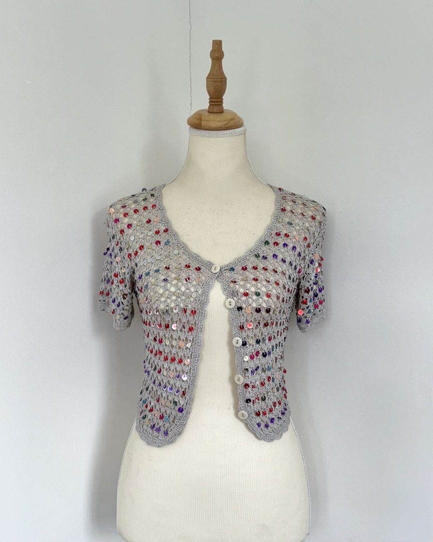 y2k light gray crocheted sequined button-down bolero (Category: Others Tops) located in Lipa City. Submitted by mayumi.vtg (Listing ID 1460362895, Image 3). Description: ❀ fits s-m | bust: up to 36in ❀ fave!.