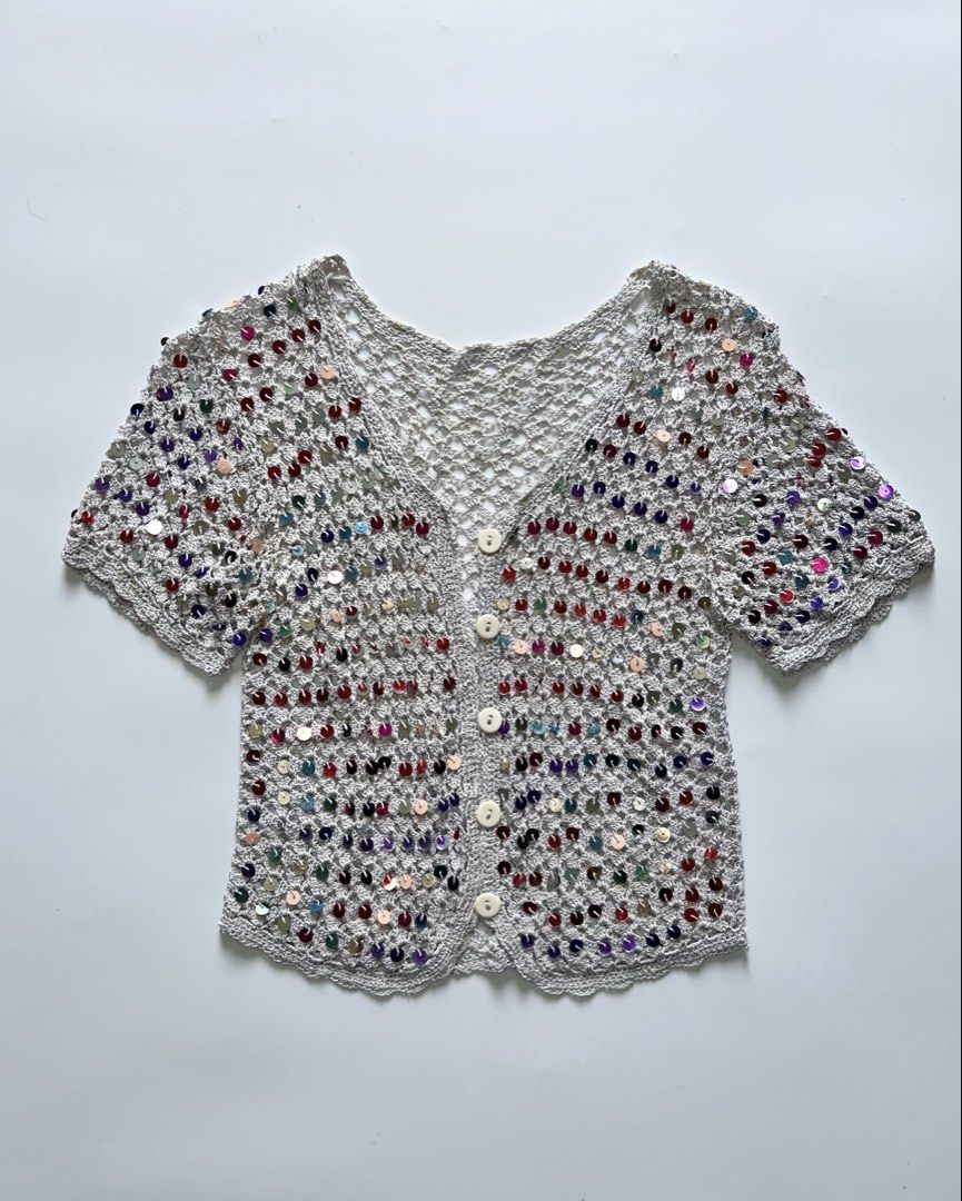 y2k light gray crocheted sequined button-down bolero (Category: Others Tops) located in Lipa City. Submitted by mayumi.vtg (Listing ID 1460362895, Image 1). Description: ❀ fits s-m | bust: up to 36in ❀ fave!.